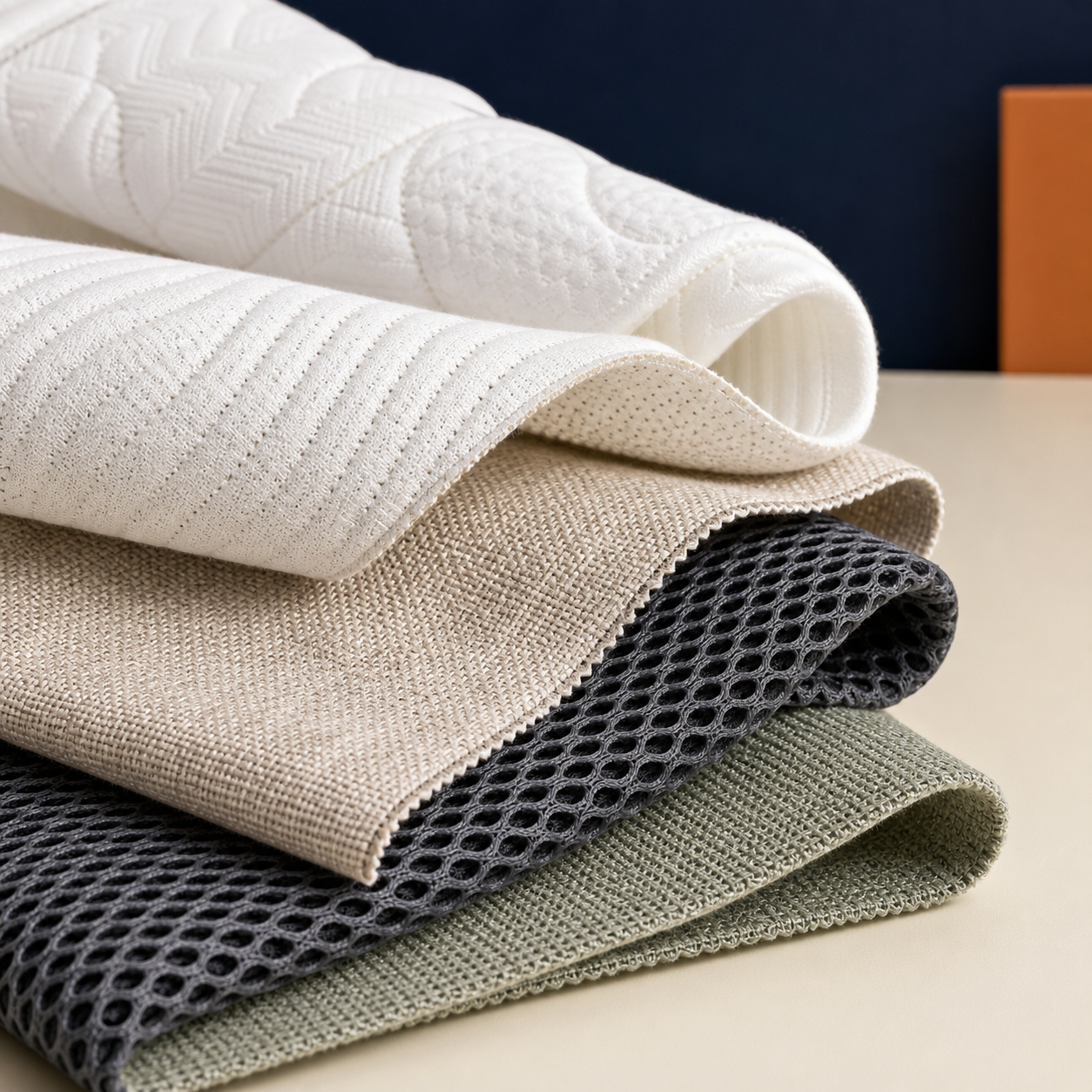 Mattress cover fabric samples including quilted knit and breathable 3D mesh
