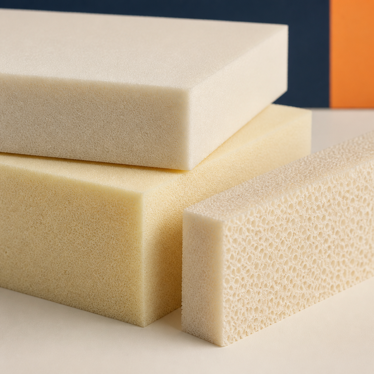 High-density mattress foam blocks showing the fine foam cell structure