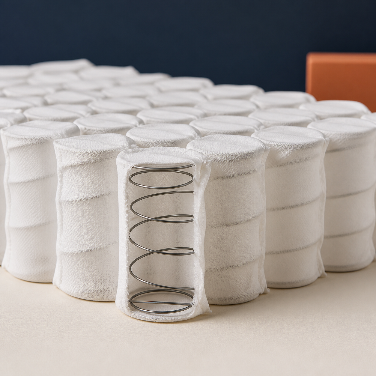 Individually fabric-wrapped mattress pocket springs with one coil exposed