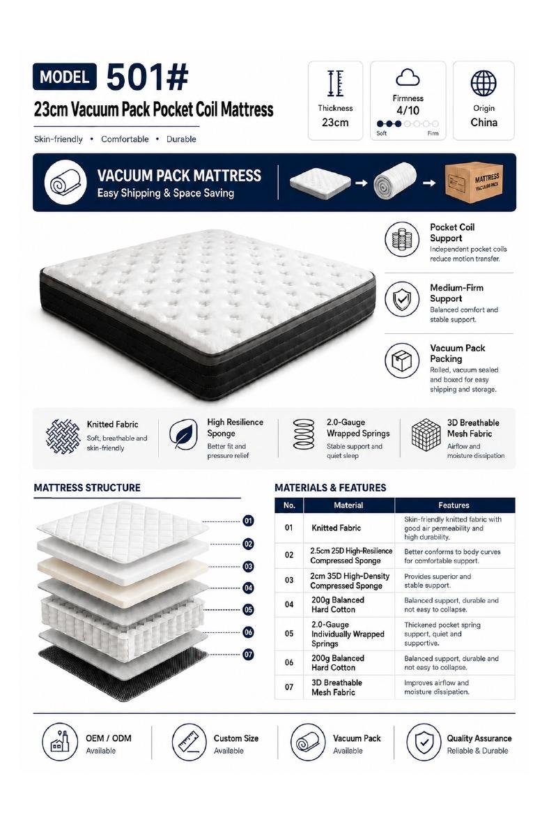Roll-pack pocket coil mattress model 501 product sheet