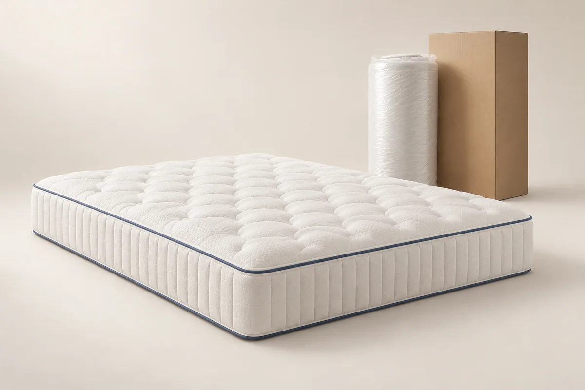 Roll-pack mattress and compact export carton in a clean studio setting